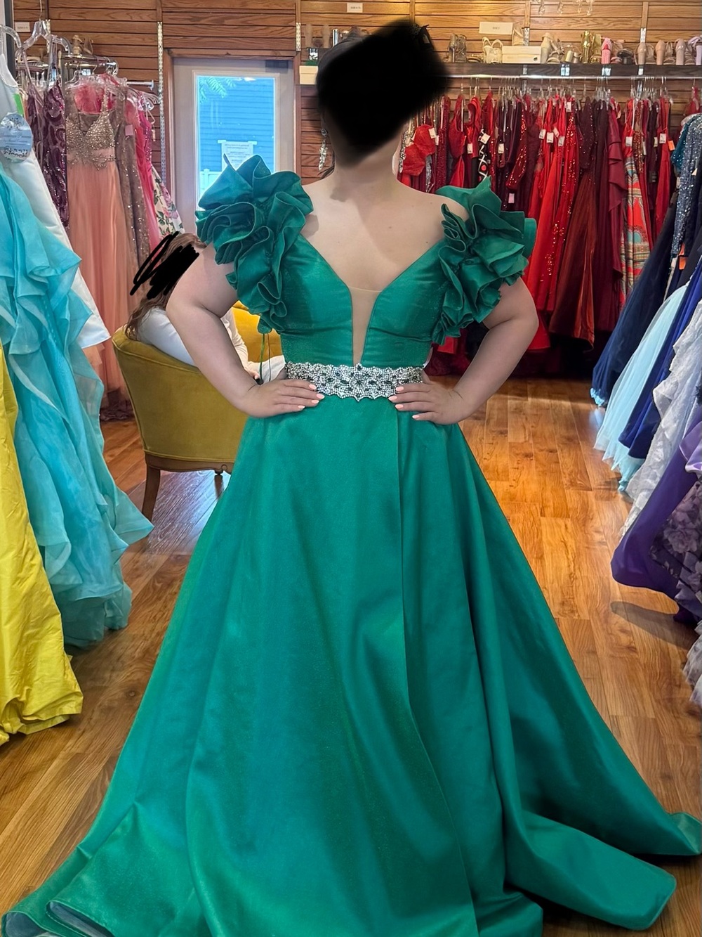 Ashley Lauren Emerald Green Ruffled Sleeve Ball Gown with Beaded Waist